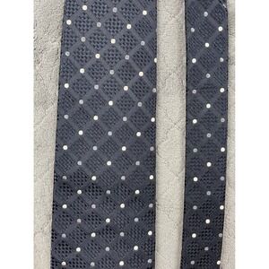 XMI Platinum Men Silk Tie Navy Blue Polka Dot Geometric Basketweave Handmade USA